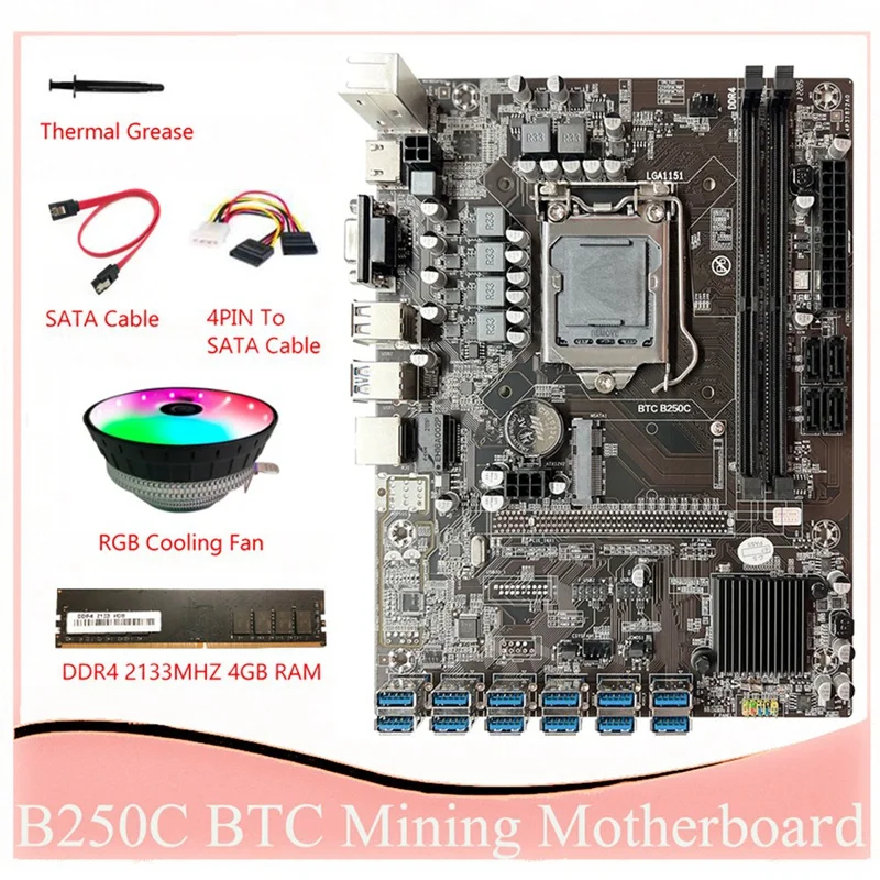 

HOT-B250C BTC Mining Motherboard 12XPCIE To USB3.0 Slot LGA1151 DDR4 4GB 2133Mhz RAM+4PIN To SATA Cable+Cooling Fan Ethminer