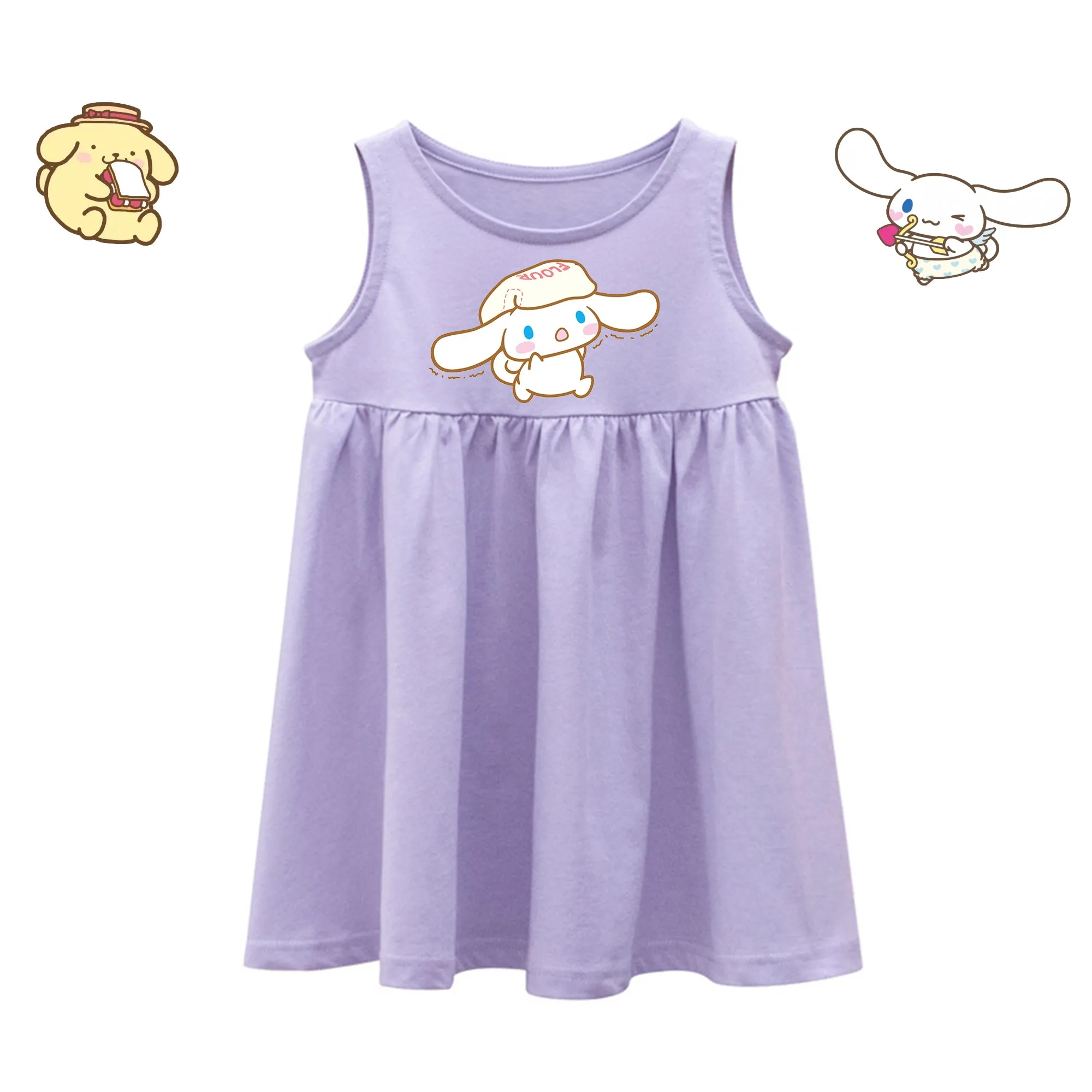 

New Kawaii Hello Kitty Kuromi Anime Sleeveless Dress Children Cute Cartoon Cinnamoroll Pom Pom Purin Tank Top Sling Loose Dress