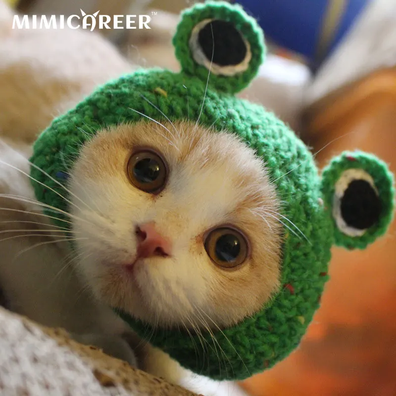 

Cat Headgear Cartoon Cute Frog Shape Kitten Puppy Knitted Hat Transformed Into Costume Show Head Accessories Pet Supplies