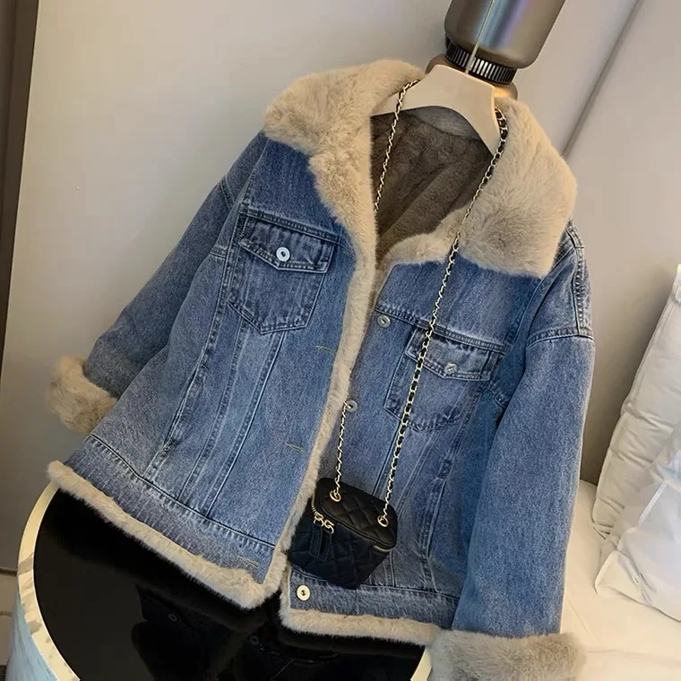 Lamb hair denim coat women's plush thickened fluffy casual cotton suit loose style overcome women's fur winter
