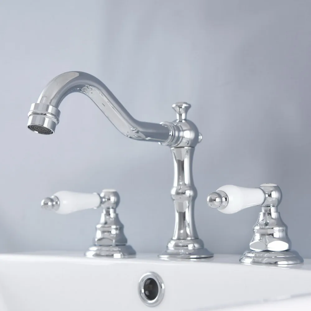 

Polished Chrome Brass Deck Mounted Dual Handles Widespread Bathroom 3 Holes Basin Faucet Mixer Water Taps mnf972