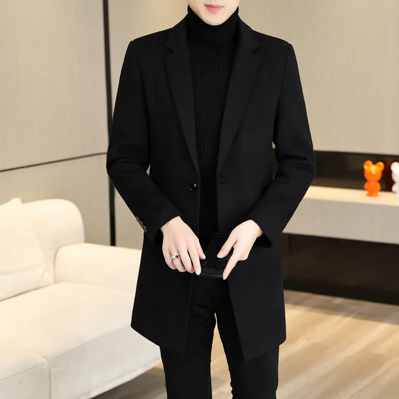 

2023 Autumn and Winter Woolen Trench Coat Men's Mid-Length Wool Overcoat Young and Middle-Aged Korean Style Slim-Fit Wool Coat