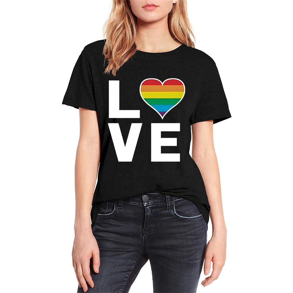 

FLC 100% Cotton Gay Love Rainbow Heart LGBT Gay Pride Awareness Print T-shirt Crew Neck Short Sleeve T-shirt Women Clothing Tee