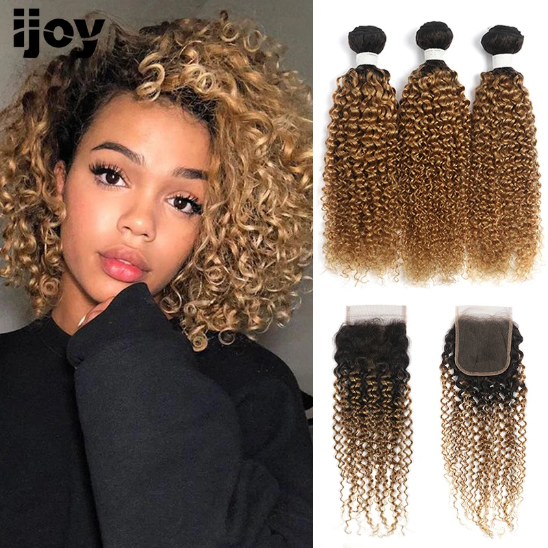 Kinky Curly Bundles With Closure 4x4 Brazilian Human Hair Weave Bundles With Closure Ombre Blonde Brown Hair Extension IJOY