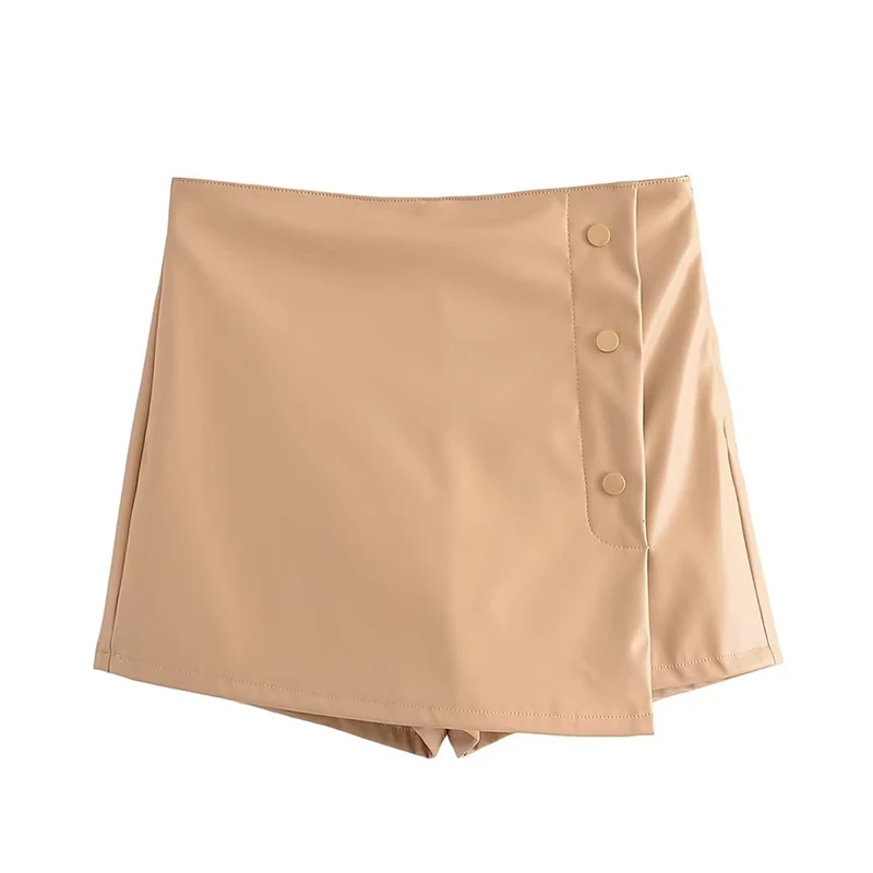

HDIMM TRAF Women Fashion PU Leather Shorts Skirts Vintage High Waist Zipper Fly Female Skirt Mujer