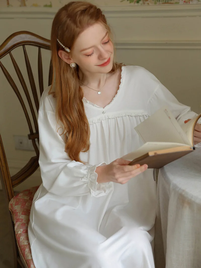 Women Spring Sleepwear Long Sleeve Cotton Victorian Sweet Pajamas Nightgowns V-Neck Ruffles Loose Princess Vintage Nightdress