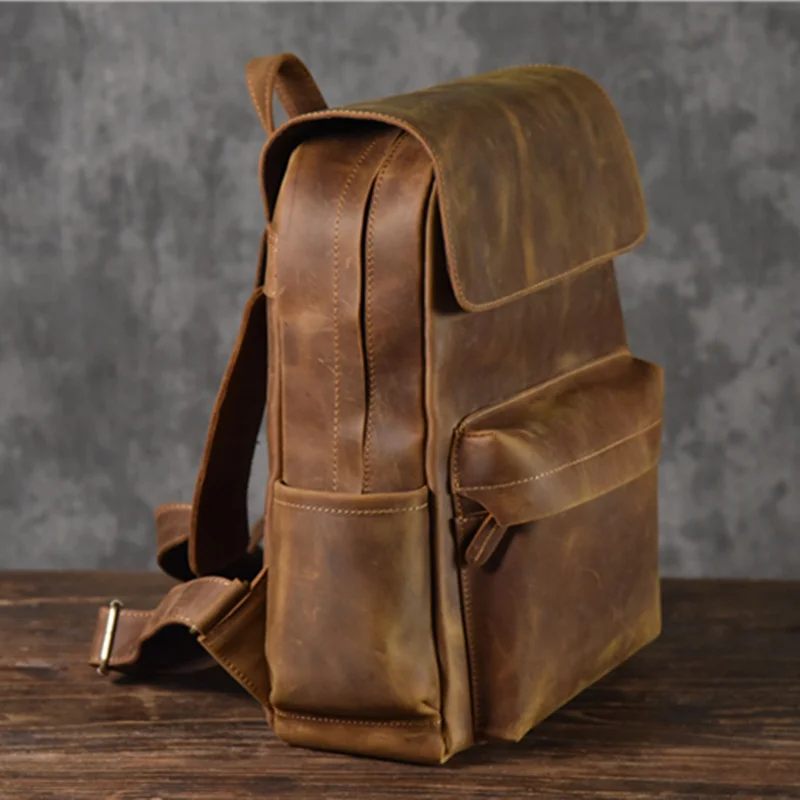 Brand Designer Men Genuine Leather Backpack Crazy Horse Vintage Daypack Multi Pocket Casual Rucksack Handmade Tote Bolsa
