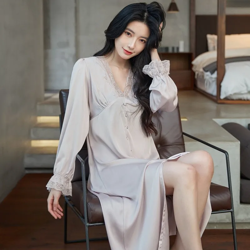 

V-Neck Nightdress Female Button-down Sleepwear Satin Palace Style Nightgown Sexy Lace Patchwork Sleepdress Long Sleeve Nightwear