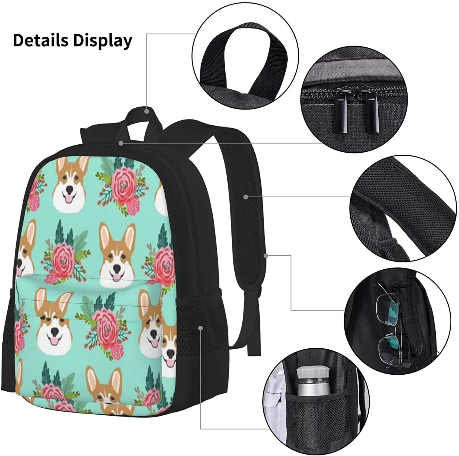 Kid School Backpack Corgi Dog Mint Cute Schoolbag Travel Bag Casual Daypack Lunch Bag Pencil Case for Boys Teens Girls 3pcs Sets