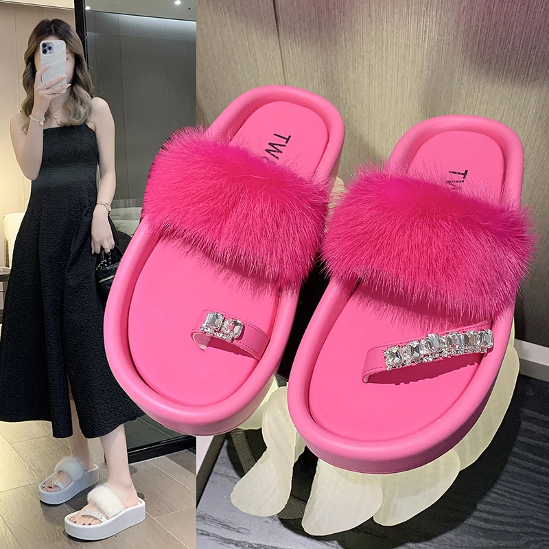 

New Women Crystal Slippers Fur Platform Flip Flops 2023 Summer Sandals Flats Shoes Designer Slingback Casual Shoes Dress Slides