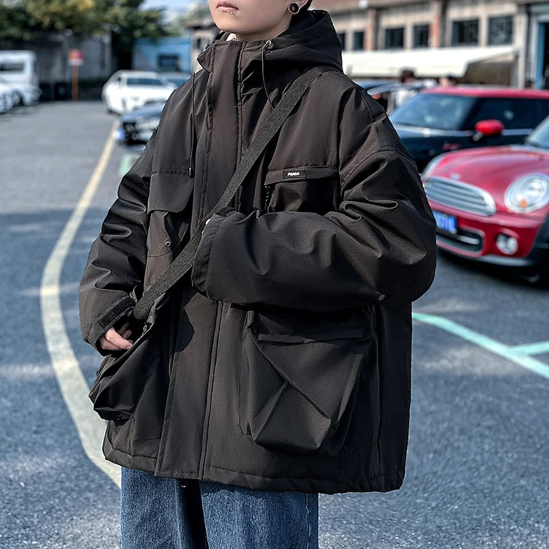 Winter Jacket Men Warm Fashion Pocket Thickened Hooded Jacket Men Streetwear Korean Loose Thick Short Coat Mens Parker Clothes