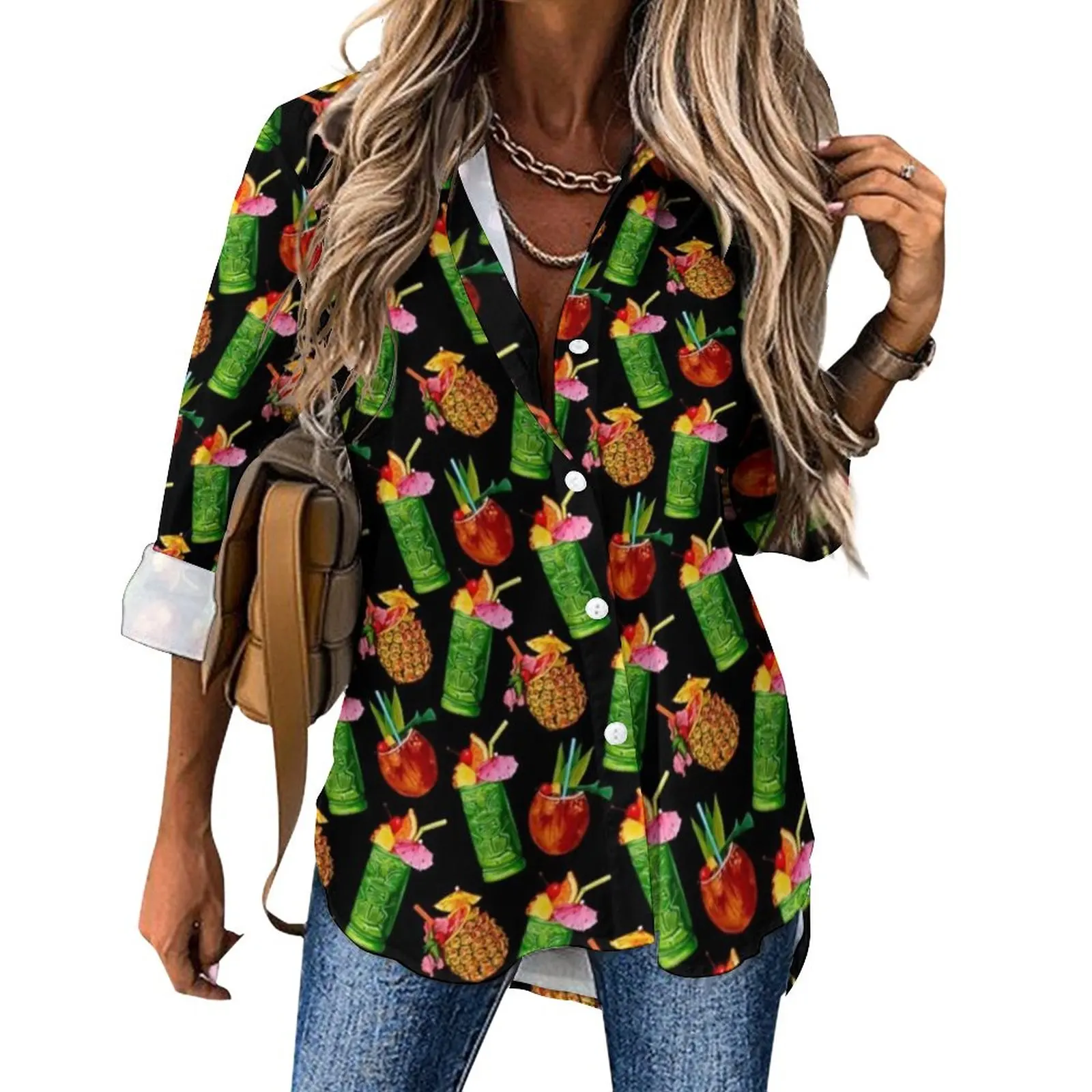 

Pineapple Blouse Tiki Cocktail Pattern Elegant Printed Casual Blouses Female Basic Shirt Autumn Long-Sleeve Oversized Clothing