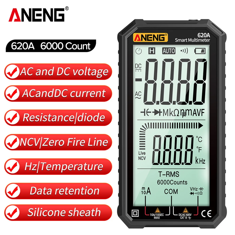 

ANENG 620A Pro Smart Multimeter AC/DC Voltage Meter Multitester Electrical Capacitance Meter Temp Ohm Current Tester Tools