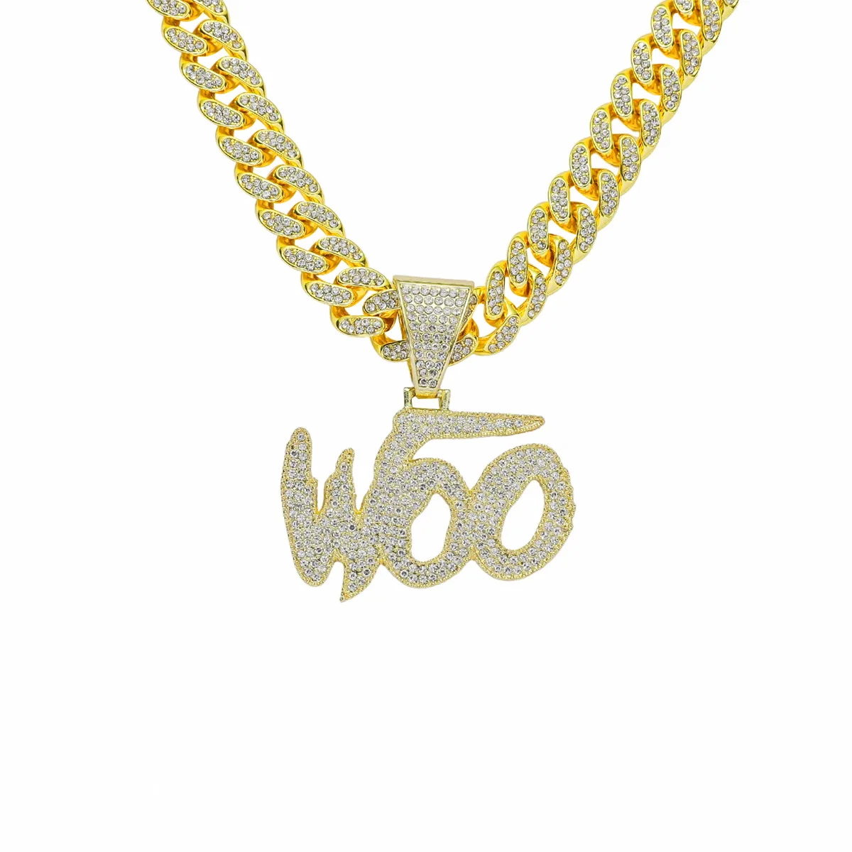 

Hip Hop Iced Out Letter WOO Pendant With 13mm Width Miami Cuban Chain Punk Choker Fashion Party Jewelry Dropshipping Gift