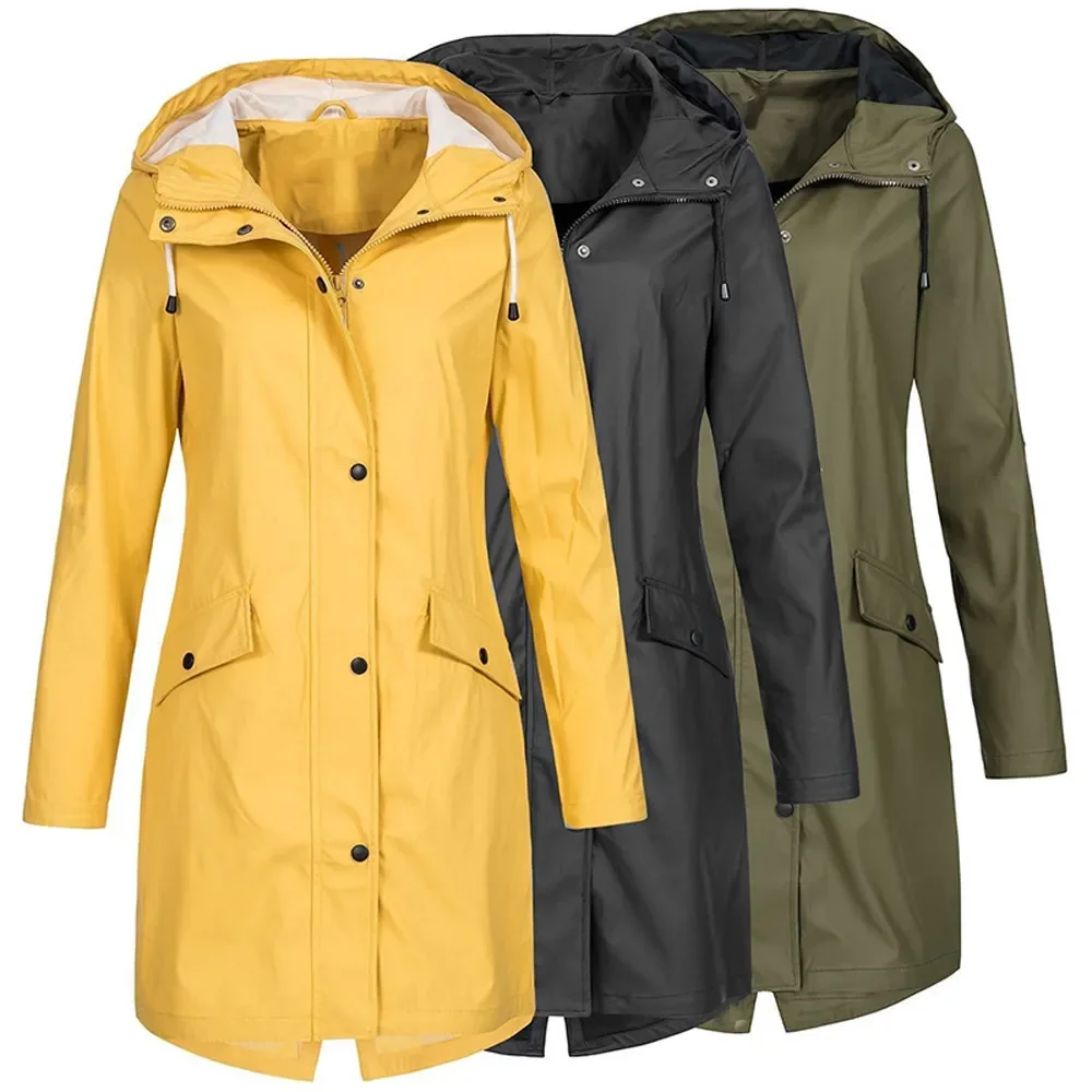 

NEW2023 Women's Solid Rain Jacket 2022 Outdoor Hiking Hoodie Waterproof WindProof Long Coat Femme Warm Outwear Plus Size Wom
