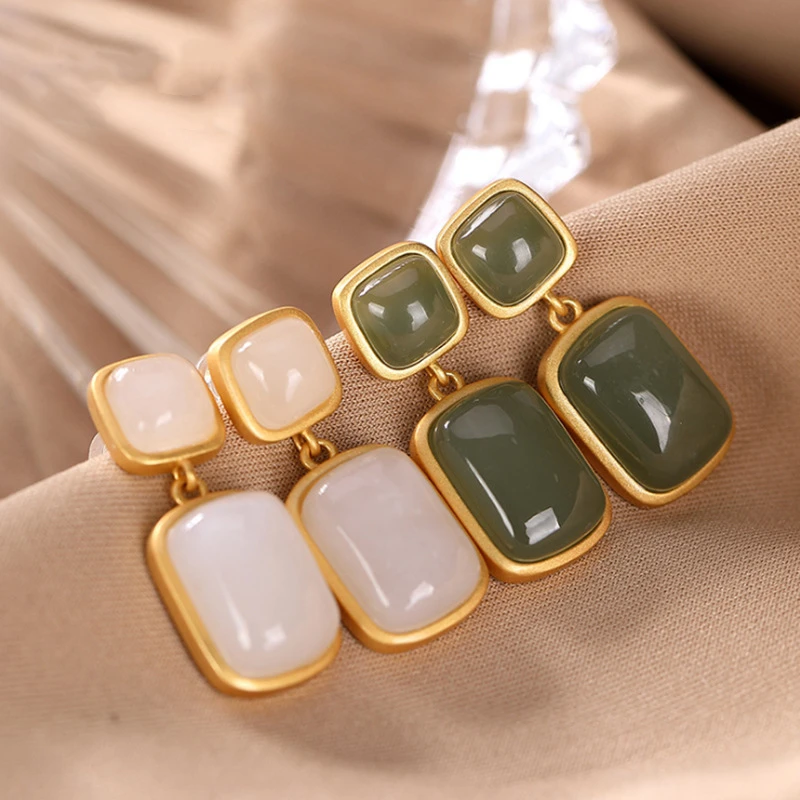 New Fashion S925 Silver White Green Square Hetian Jade Drop Earrings for Women Luxury Jewelry with Original Chinese Style Gifts