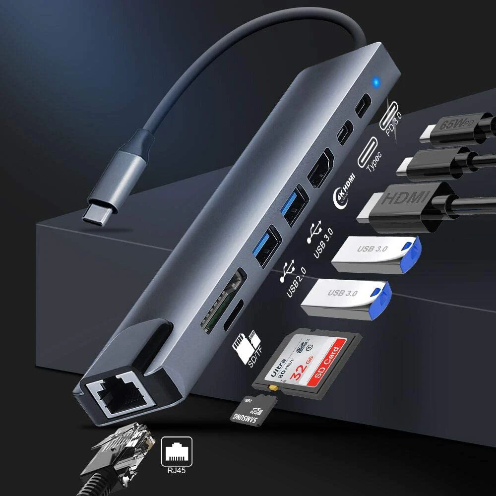 

8 in 1 USB C Hub For Macbook Laptop Adapter PD Charge 8 Ports Dock Station RJ45 HD-4K TF/SD Card USB3.0 Type-C Splitter