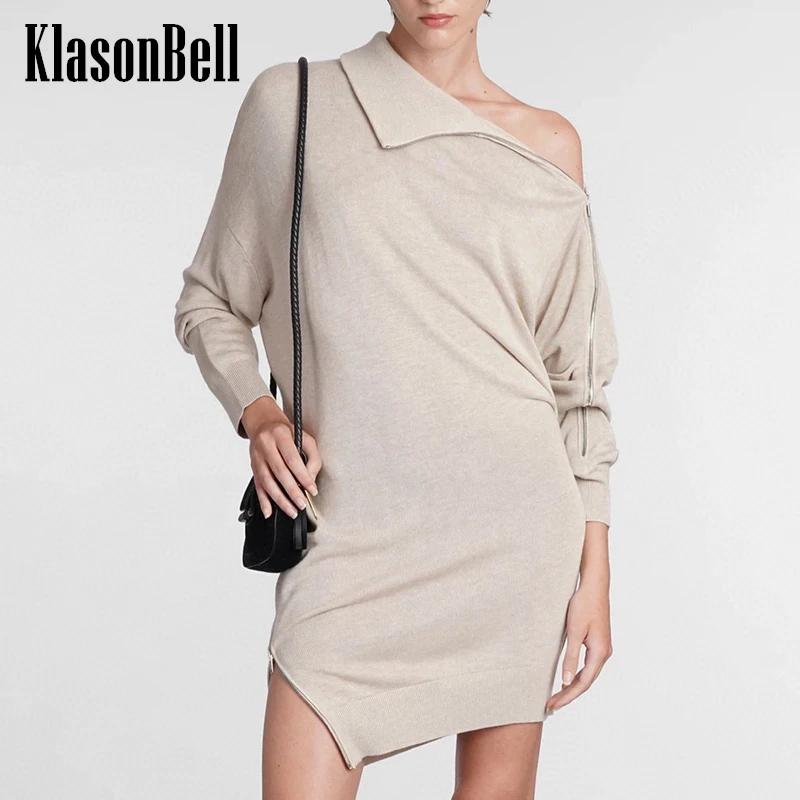 

10,23 KlasonBell темпераментное трикотажное асимметричное платье с воротником-стойкой и боковой молнией для женщин