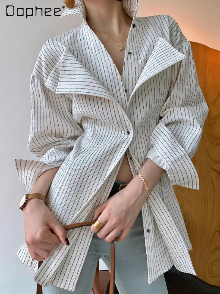 

2023 Spring New Casual Woman's Slim-Fitting Striped Shirt 2023 Autumn New Fashion Suit Collar Side Opening Long Sleeve Blouse