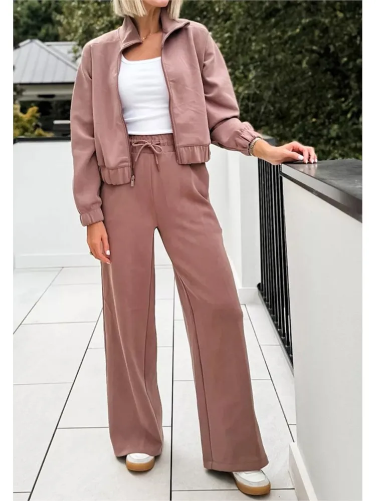 Модная повседневная однотонная куртка брючный костюм женская на молнии длинные