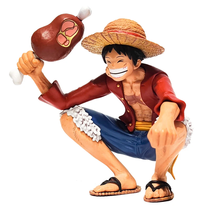 15cm One Piece Squatting Eat Ham Monkey D Luffy PVC Action Figurine Manga Anime Figure Straw Hat Luffy Model Toys