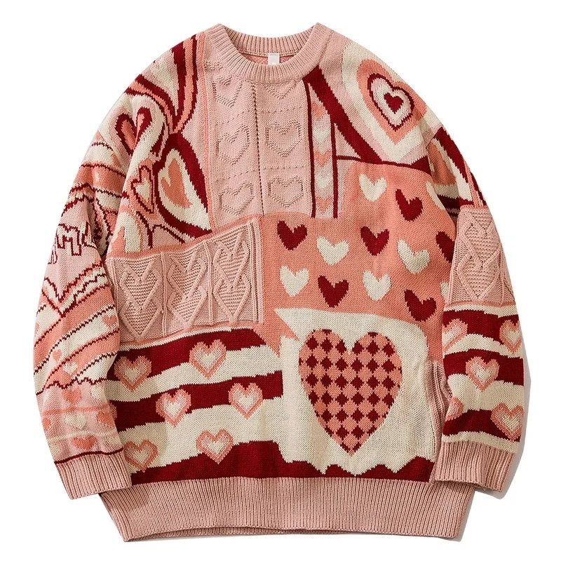 

Men Hip Hop Knitted Jumper Sweaters Heart Color Block Streetwear Harajuku 2022 Autumn New Loose Fashion Casual Pullovers