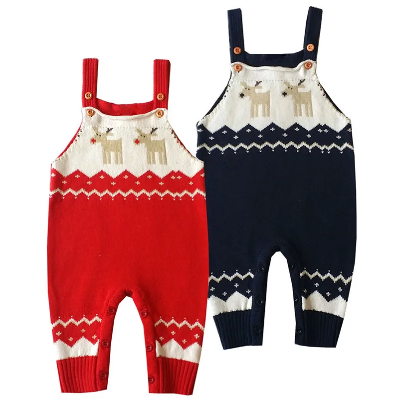 

Newborn Christmas Rompers Baby Boy Crochet Costume Deer Knitted Bib Romper Long Sleeve Strap Jumpsuit New Born Bebes Clothing