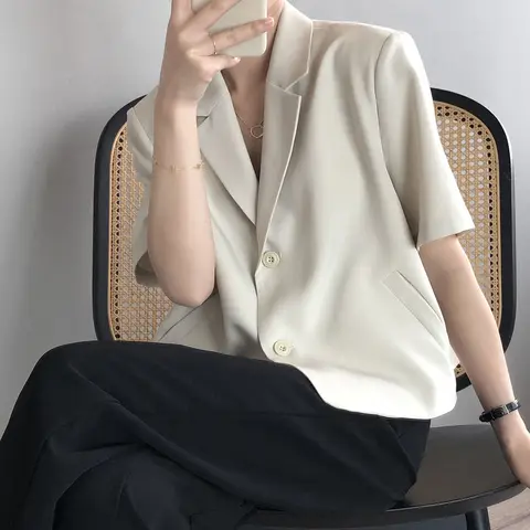 Пиджак женский тонкий с коротким рукавом, Модный укороченный однотонный Универсальный офисный свободный элегантный шикарный пиджак для отдыха в Корейском стиле, лето