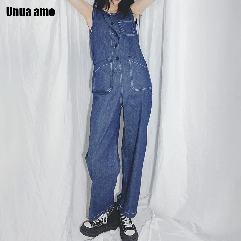 Sleeveless Overalls for Women Denim Jumpsuits Summer Baggy Straight Trousers Casual Wild Button Pocket Women's Pants Jeans
