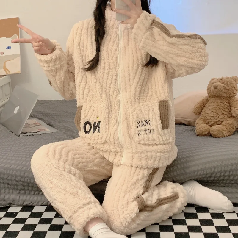 Winter Pajamas Women's Plush Long Sleeve Set Zipper Solid Color Embroidered Coral Velvet Women's Warm Casual Loose Home Dress