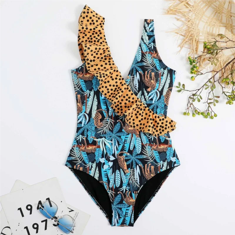 Bikini 2 Piece Set Beach Skirt Ruffled One Piece Swimsuit Set Backless Wrap Chest Women Outfit Printed Slim Sexy Suit Spring XL