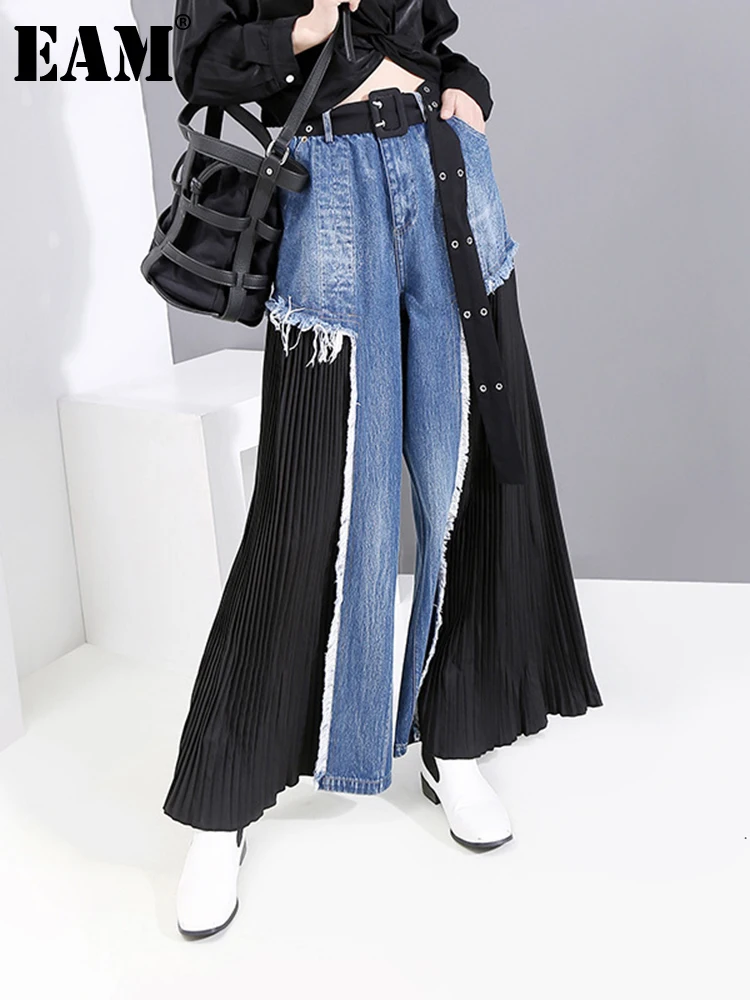 

[EAM] High Waist Blue Pleated Split Long Wide Leg Denim Trousers New Loose Fit Pants Women Fashion Spring Autumn 2022 1D669