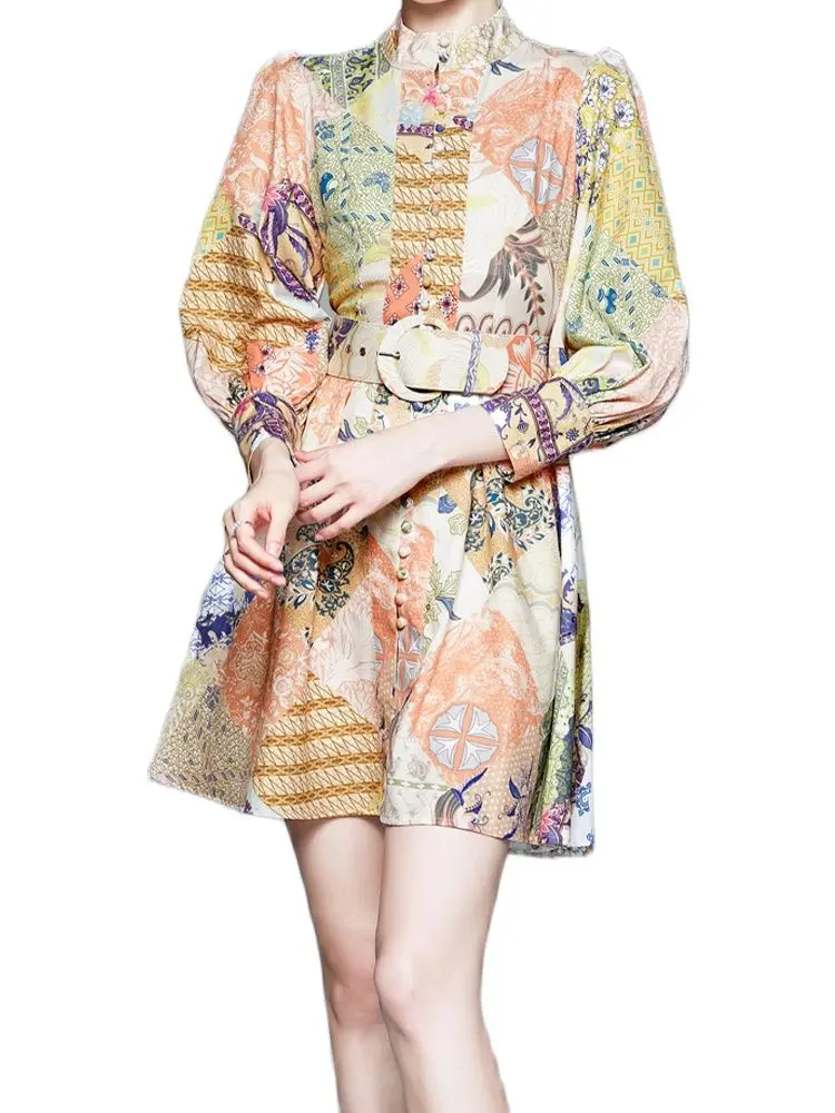 

Высококачественные летние платья с принтом, женские 2022 однобортные платья со стоячим воротником и длинным рукавом