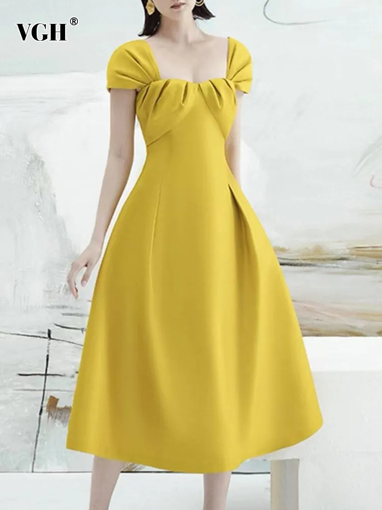 

VGH solid temperament backless dress for women square collar short sleeve high waist elegant dresses female fashion clothes new