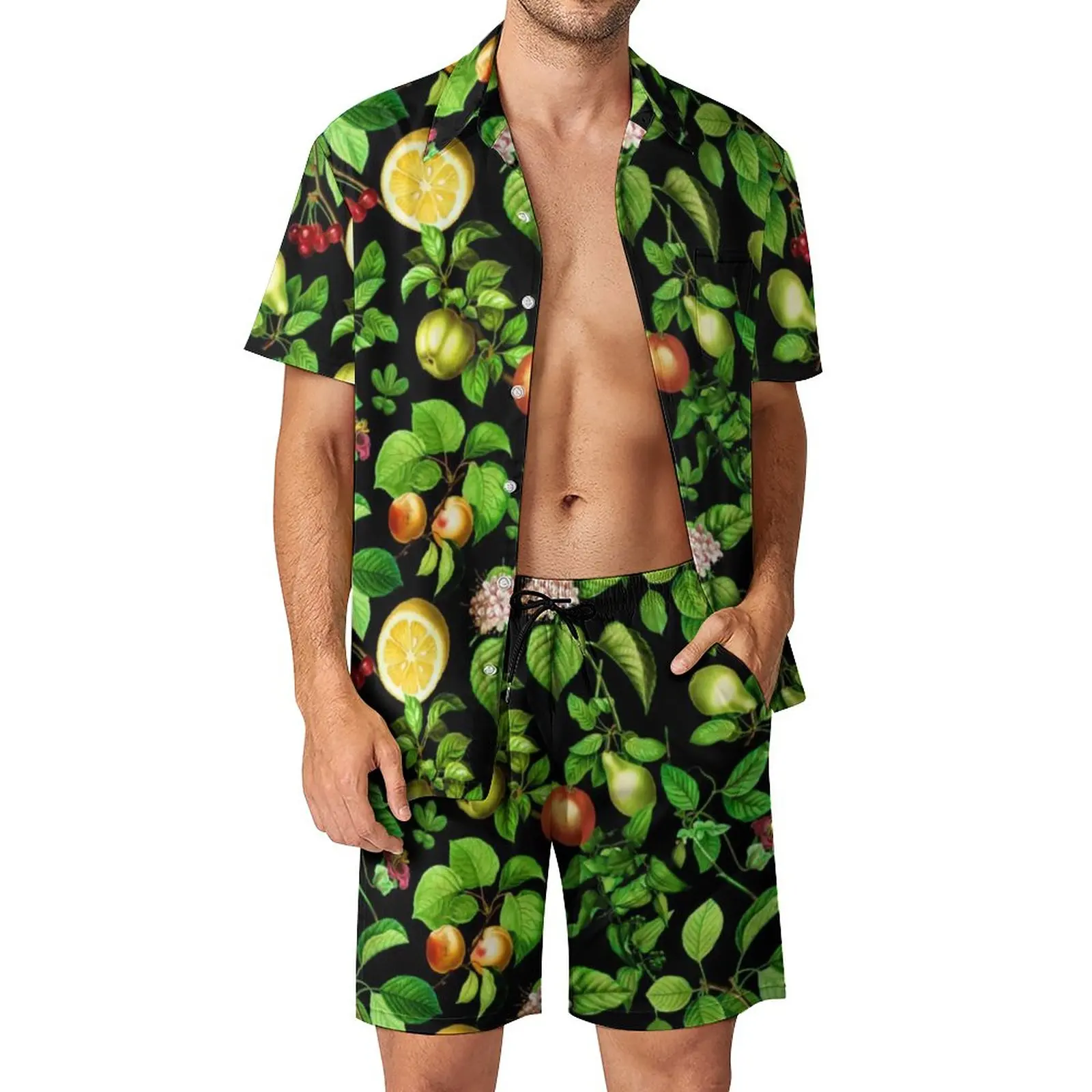 

Fruits Pattern Men Sets Vegetarian Fashion Casual Shirt Set Short-Sleeve Printed Shorts Summer 2 Piece Beach Plus Size Suit 3XL