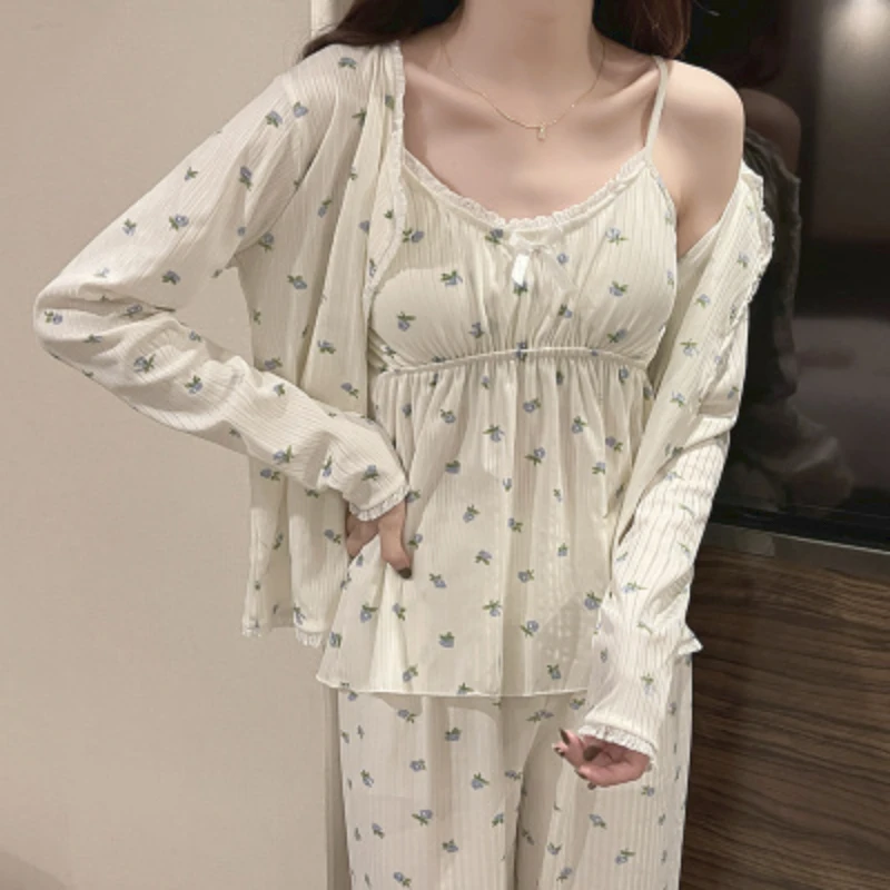 Pajama Three Piece Set Print Camisole Cardigan with Chest Pad Trousers Homewear Women's Spring Summer Mori Girl Style