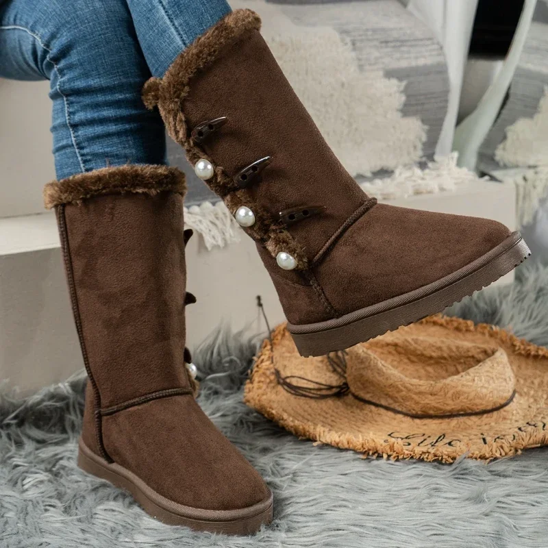 

Winter New Trend Short Women Boots Platform Plush Suede Mid Calf Pearl Women Snow Boots Warm Casual Cotton Shoes Mujer Botas