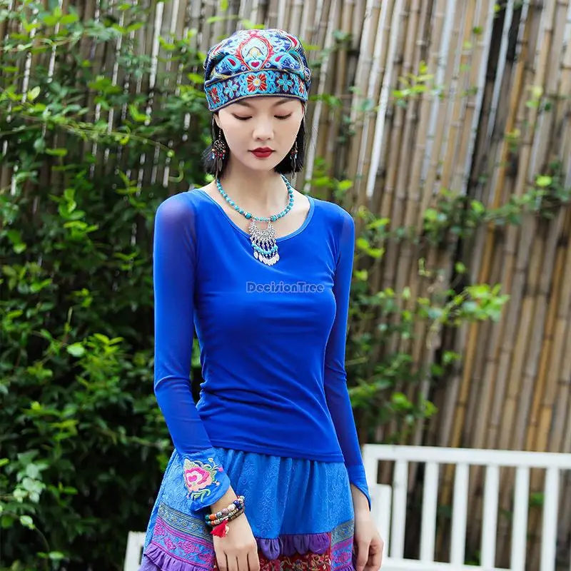 

2023 chinese traditional vintage blouse flower embroidery blouse women tight chiffon hanfu top ethnic tang suit chinese blouse