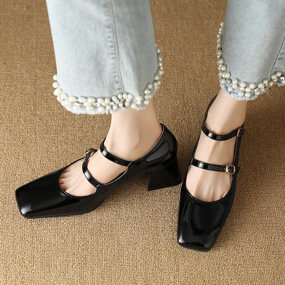 New Casual Womens Mary Janes Shoes Square Toe 6CM Heel Moccasin Shoe Woman Silver Pumps zapatillas ladies High Heels 42 43