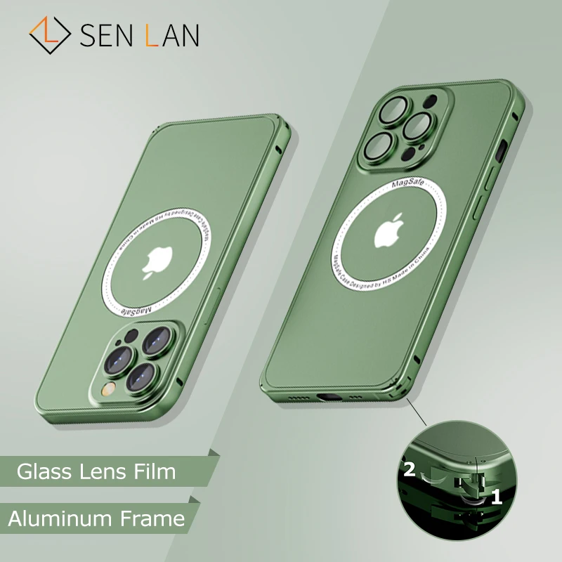 Aluminum Frame Luxury Metal Case Magsafe For iPhone 13 12 Pro Max Glass Lens Film Protective Case Magnetic Original Color Cover