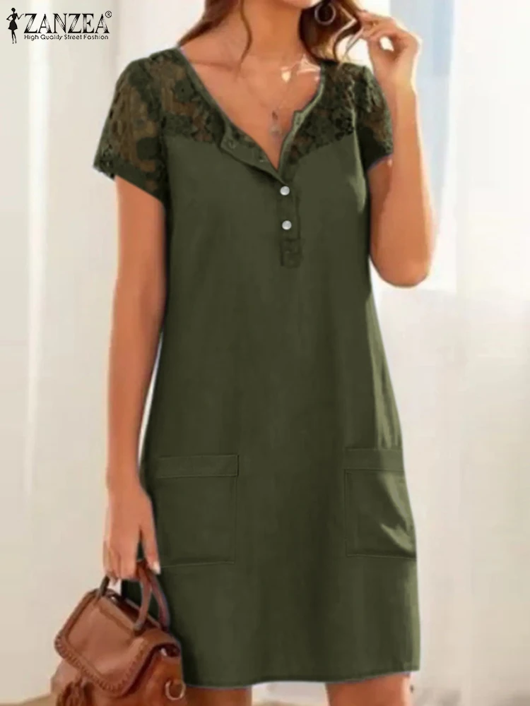 

Платье ZANZEA женское кружевное в стиле пэчворк, модный винтажный элегантный Повседневный Сарафан с коротким рукавом и круглым вырезом, однот...