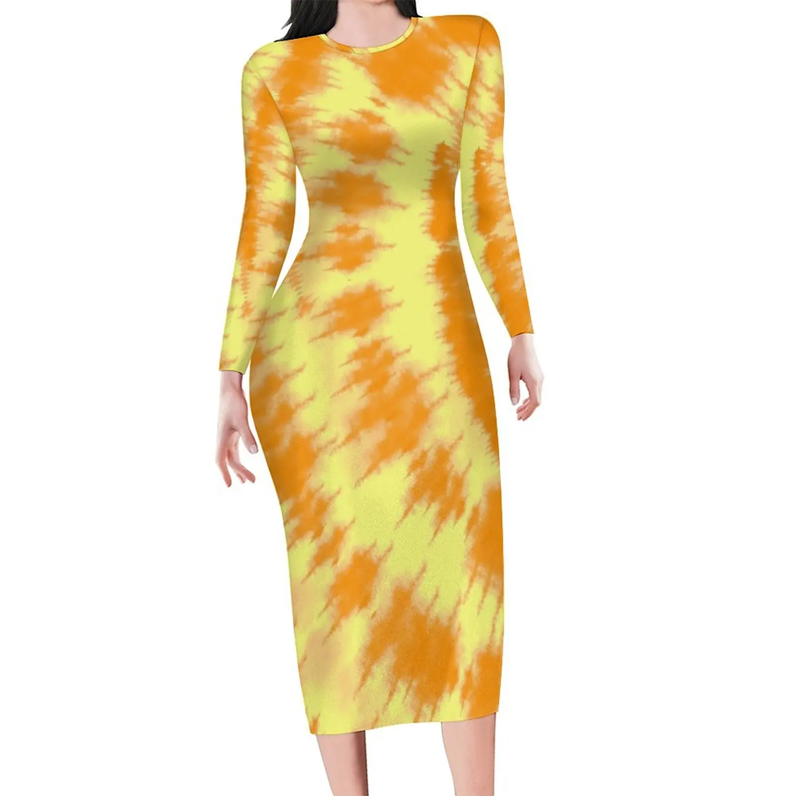 Облегающее платье с принтом тай-дай осенние оранжевые и желтые сексуальные