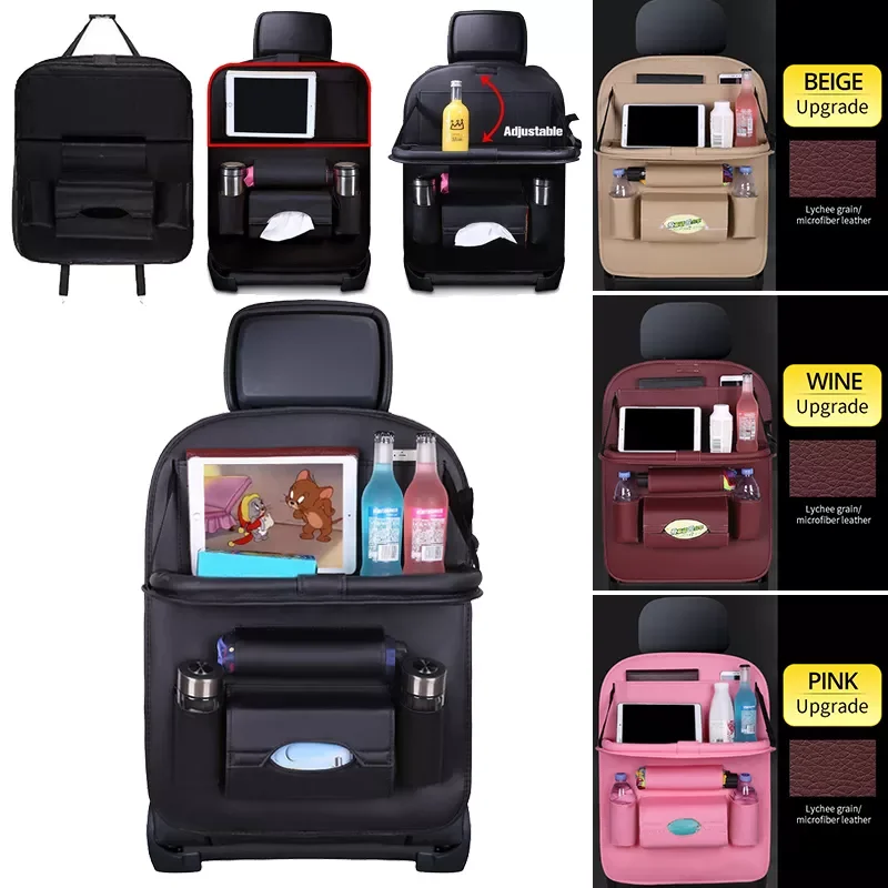 

Leather Car Seat Storage Bag Seat Back Hanging Bag Folding Table Tray Tablet Holder Tissue Box Storage Organizer Car Accessories