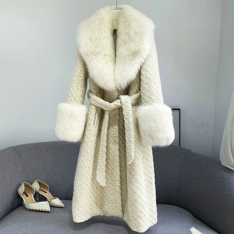 2022 Winter New Imported Fox Fur Collar Whole Fur Coat Women's Mid-Length Woolen Waist Thickening Temperament Coats Female