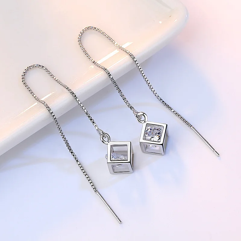 

Simple Stylish Piercing Ear Line Drop Earrings Dangle Rubik Shiny Zircon Filled Long Box Chain Tassel Earring Accessories Gifts