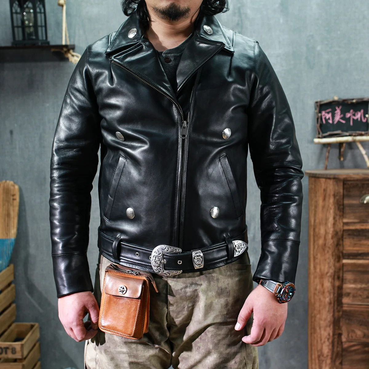 

SDC1050 Super Top Quality Heavy Genuine 1.3mm Japan Veg Tanned Cow Leather Slim Classic Cowhide Stylish Rider Jacket