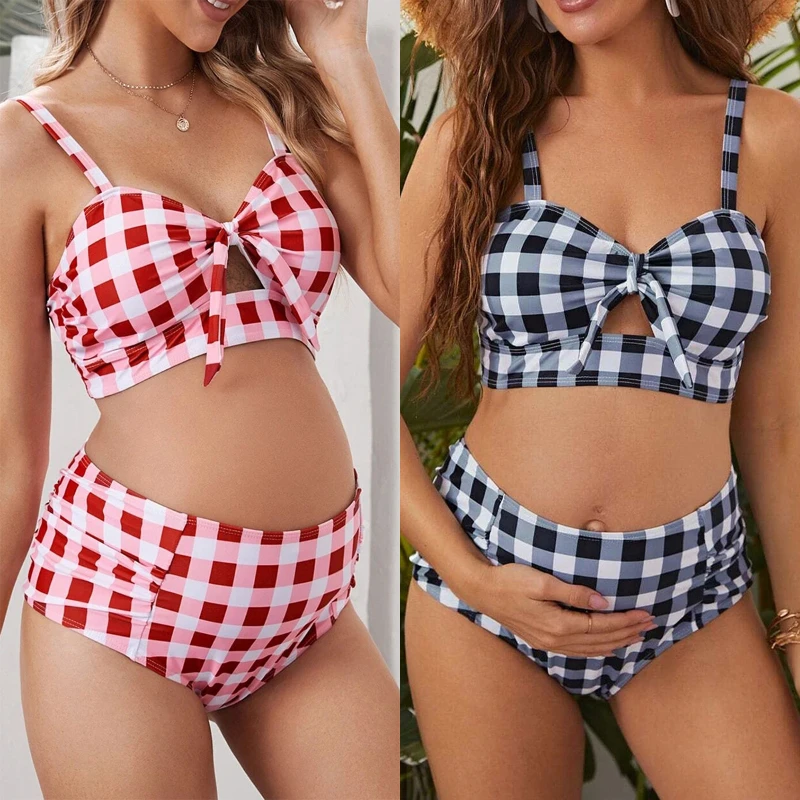 Conjunto de Tankinis a cuadros para mujeres embarazadas, bañador Sexy de maternidad, ropa de playa de talla grande, traje de baño para embarazadas, 2022