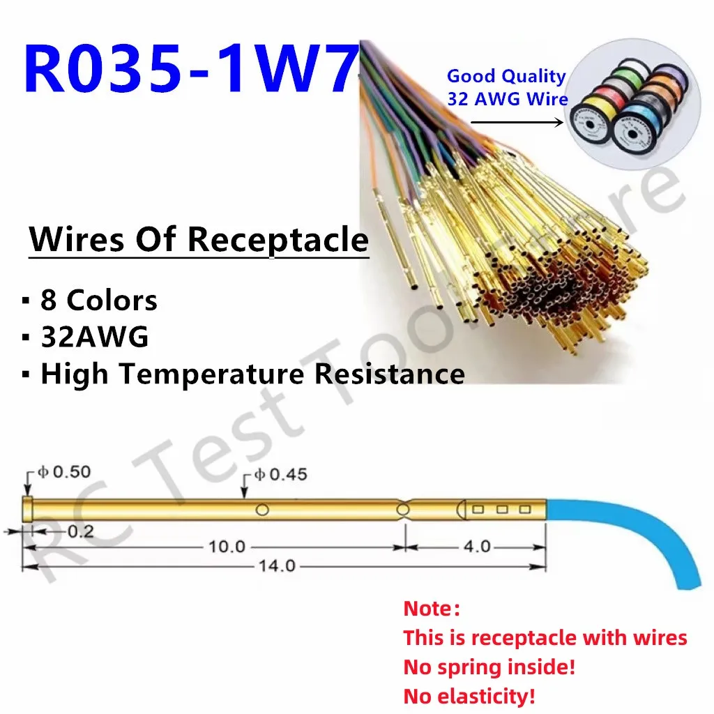 40/80/200PCS Spring Test Probe Receptacle Dia 0.45mm Length 14mm With Wire 32AWG R035-1W7 Test Needle Sleeve Socket Length 700mm
