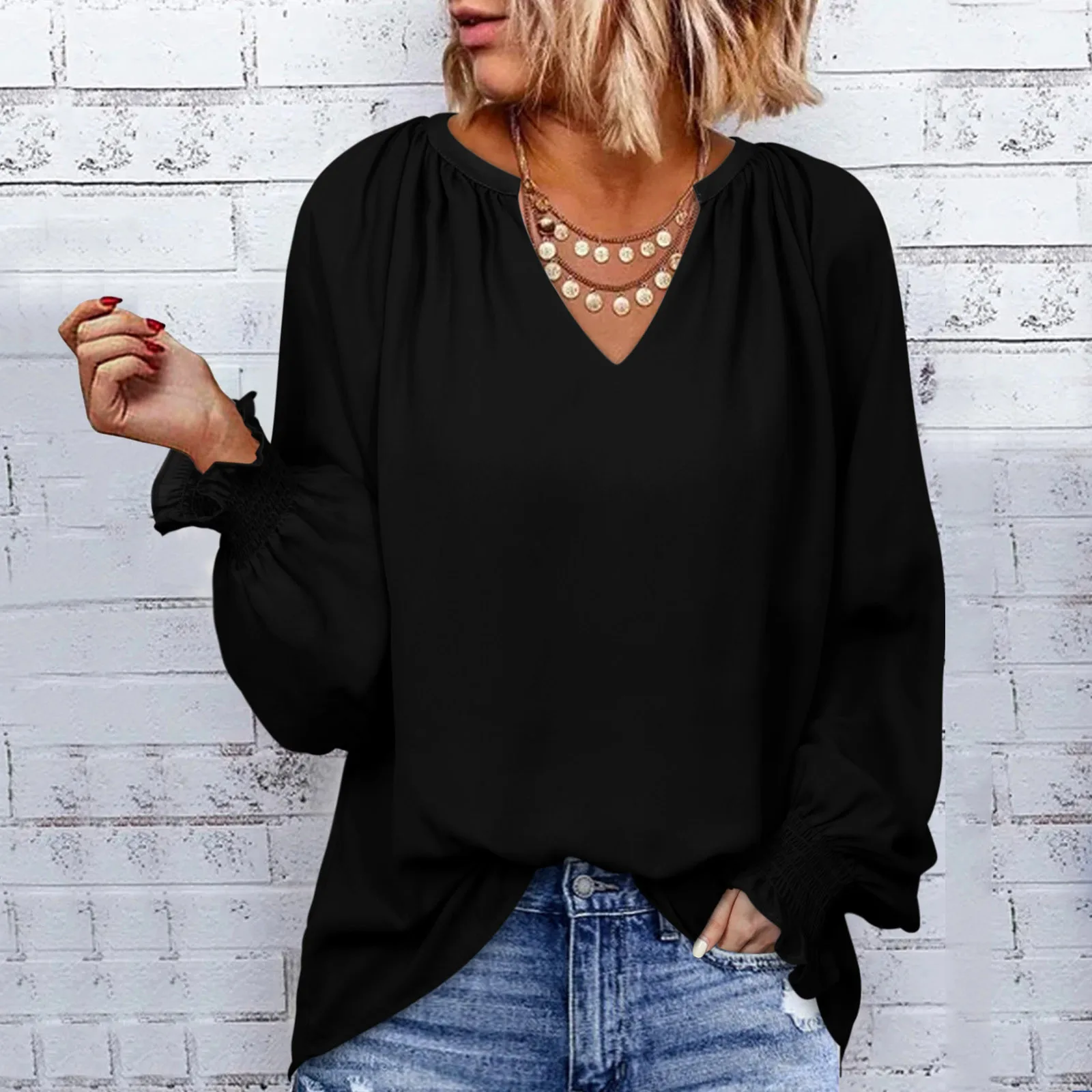 

Womens Tops Ruffle Long Sleeve Tunic Dressy Blouses Casual V Neck Shirts Black Top Women Teen Girl Summer