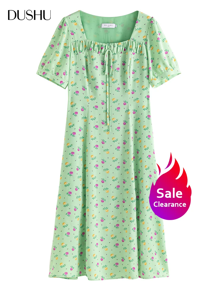 

Dushu[ распродажа] женское ретро платье с цветочным принтом и квадратным вырезом, Офисная женская шифоновая юбка А-силуэта с высокой талией, пл...